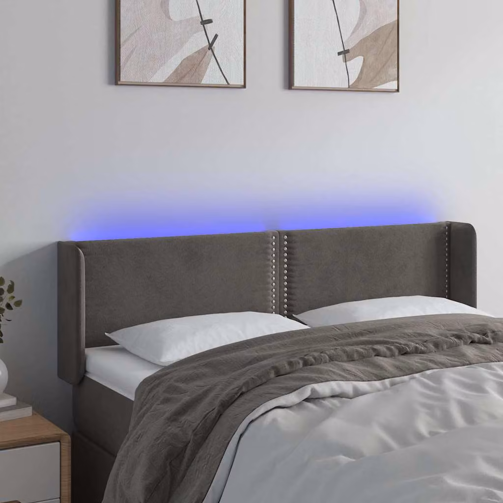 Testiera per letto vidaXL in velluto grigio con illuminazione LED e porta di ricarica USB, L 147 cm x P 16 cm x H 78/88 cm