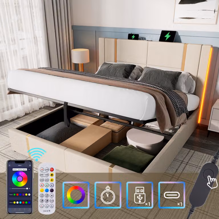 Letto imbottito Sweiko letto matrimoniale Funzione di ricarica USB Type C APP-Control LED Letto contenitore 160×200 Struttura letto, rete a doghe in legno, materiale lino beige (con materasso)