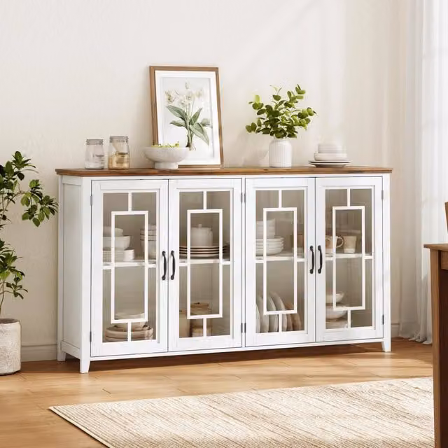 Credenza moderna REDOM in MDF bianco con ante in vetro per soggiorno e cucina, Larghezza: 160 cm