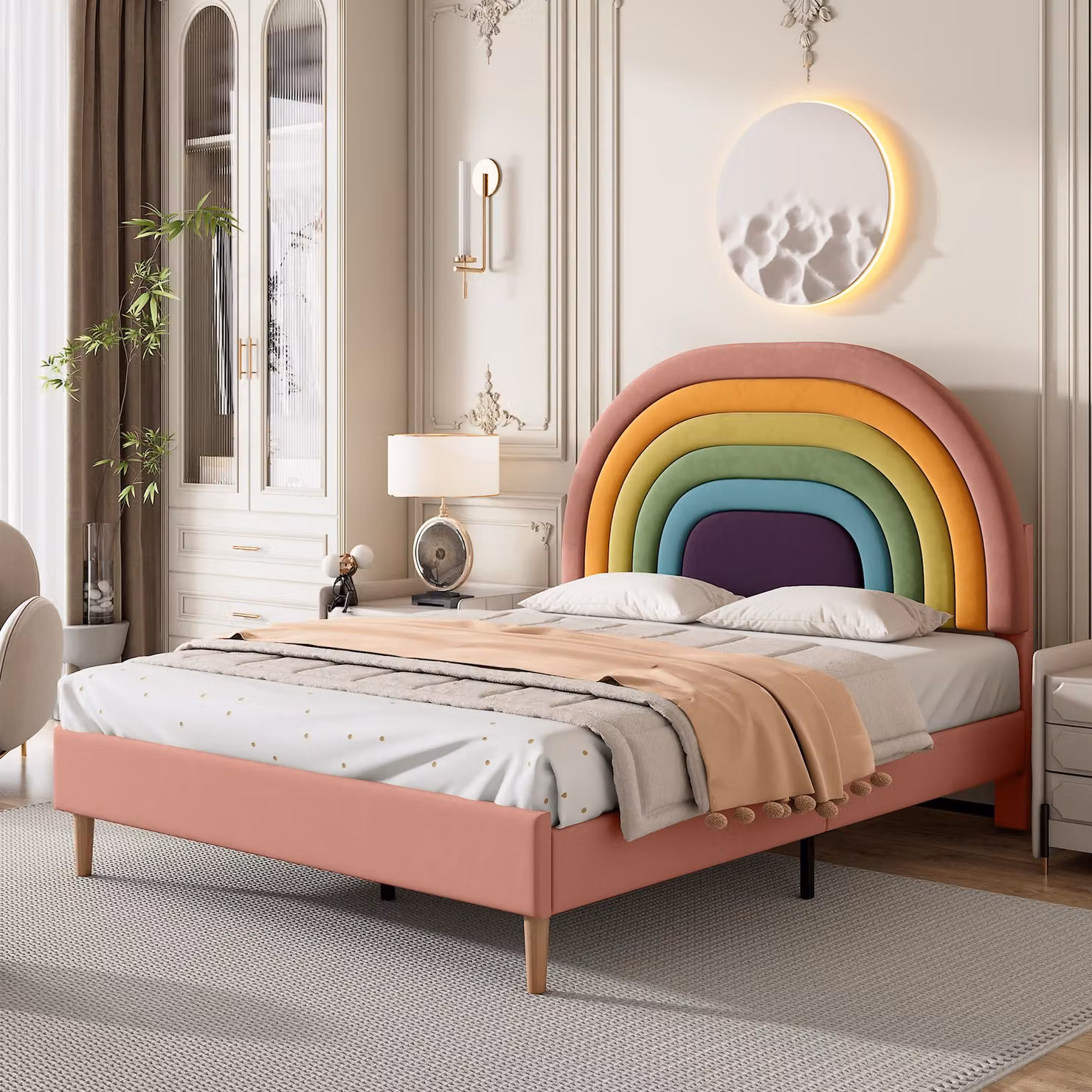 Letto imbottito 140x200 cm con rete a doghe, testiera regolabile in altezza con motivo a arcobaleno, rivestito in velluto, capacità di carico fino a 300 kg, colore rosa