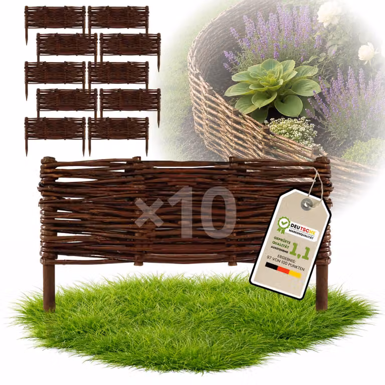 Floranica 10 pezzi Recinzione in vimini 20 cm x 40 cm – Staccionata da giardino intrecciata Palizzata Recinzione naturale Bordo aiuola