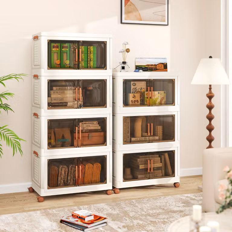 Set di 3 contenitori pieghevoli e impilabili con coperchio Costway da 156 l, Bianco e Marrone