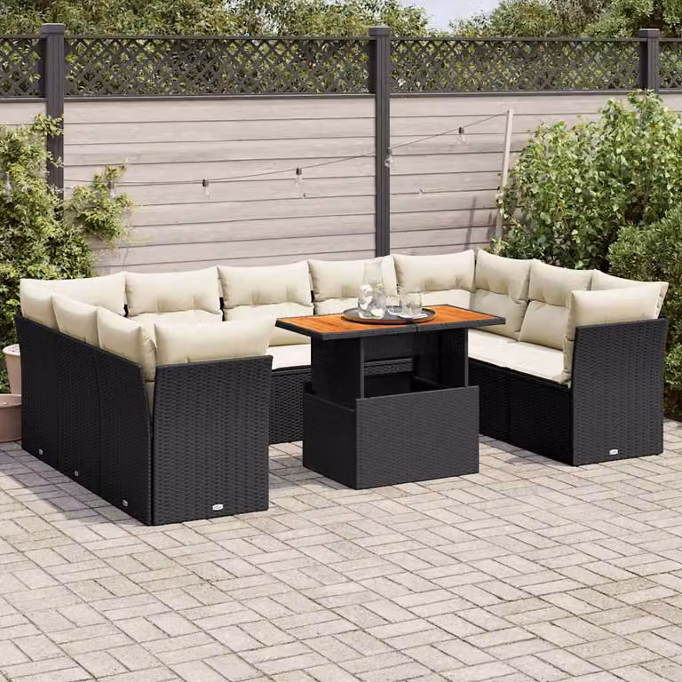 Set di divani da giardino vidaXL in rattan e legno di acacia oliato nero e bianco con cuscini