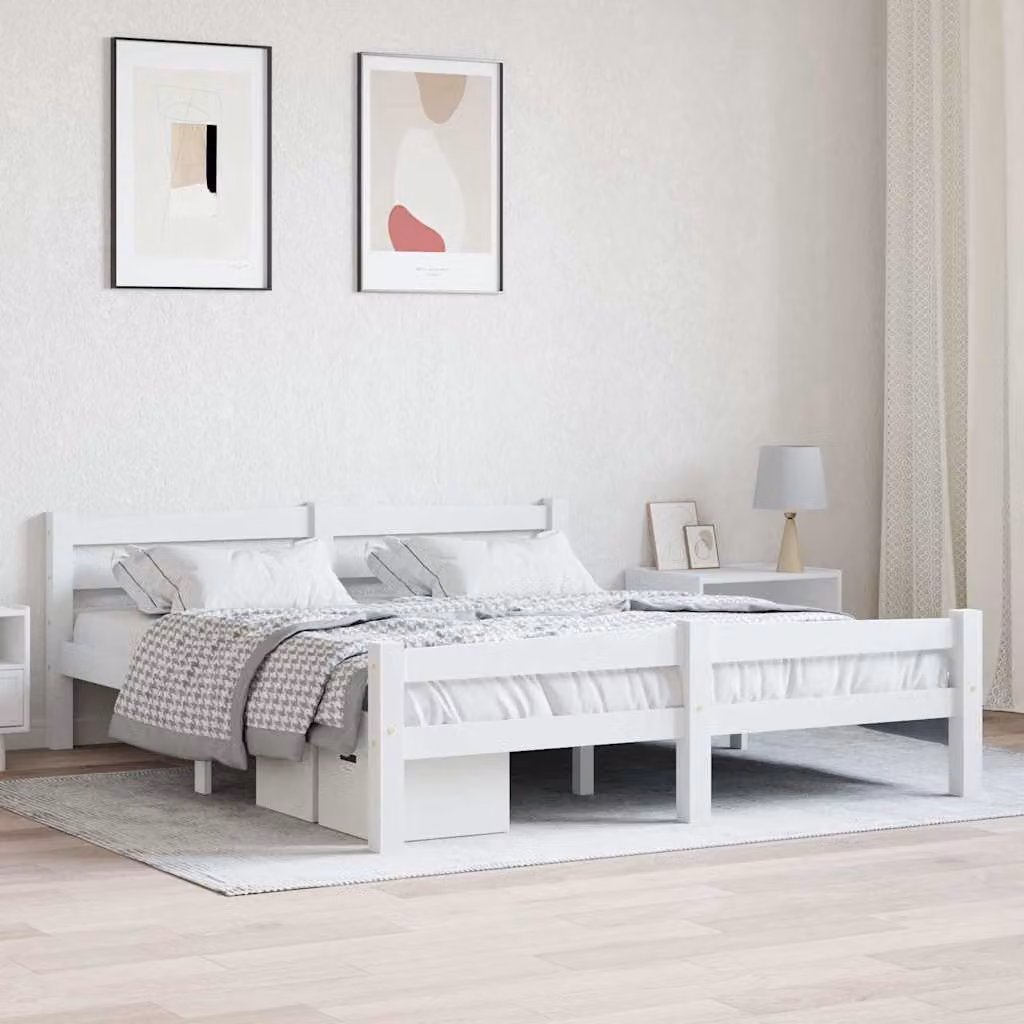 vidaXL Giroletto in legno di pino bianco con doghe piatte e cassetti L/P/H: 206 x 160 x 66 cm