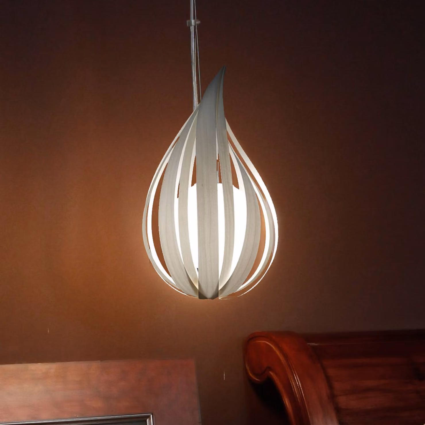 LZF LAMPS Lampada a sospensione Raindrop, dimmerabile, Bianco / Opale, Soggiorno / Sala da pranzo, Legno, Design, Lampada a sospensione