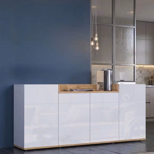 Madia Swink DMORA Credenza Moderna in MDF Bianco Lucido L: 160 cm, P: 35 cm, H: 70 cm – 1