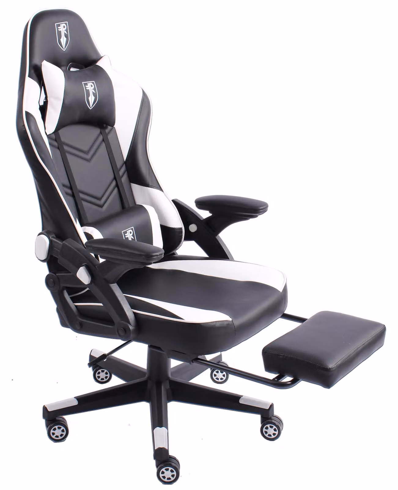 Sedia da gaming dal design moderno ispirato alle auto da corsa, con poggiapiedi estensibile. Sedia da gaming con braccioli regolabili, sedia ergonomica da scrivania con cuscini di supporto extra. Colore: nero/bianco