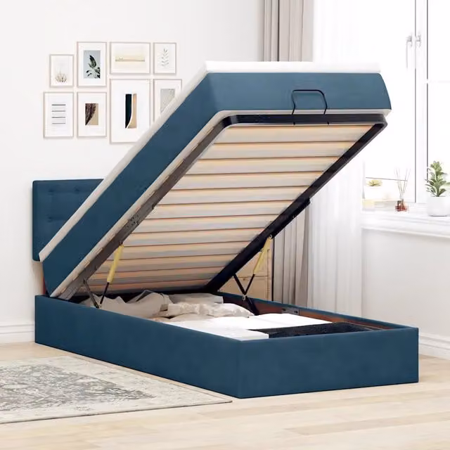 Letto con Pouf e Materasso vidaXL in Velluto Blu e Bianco L: 80 cm, P: 200 cm, H: 140 cm – 1