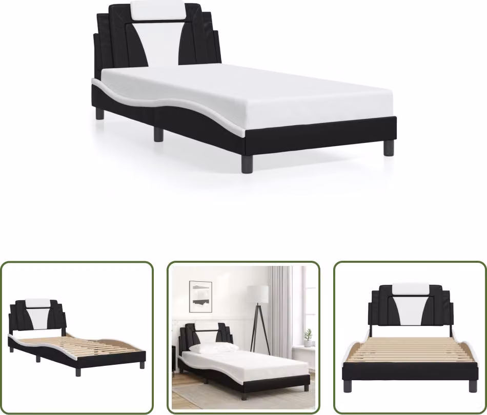 The Living Store Struttura letto con testiera bianca e nera 100x200 cm in ecopelle