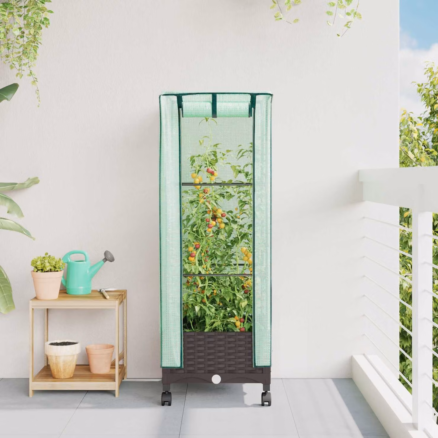 vidaXL Vaso da Giardino con Copertura per Serra e Ruote, Marrone e Verde, in Plastica