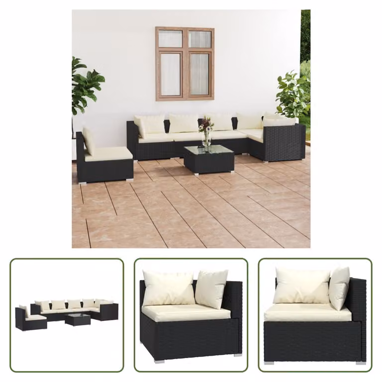 The Living Store Set da giardino 7 pezzi con cuscini in poly rattan nero