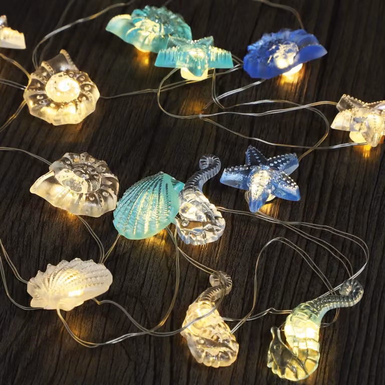 Catena luminosa a forma di creature marine, lunghezza 2,5 metri, 20 LED a luce calda, alimentazione a batteria, con timer