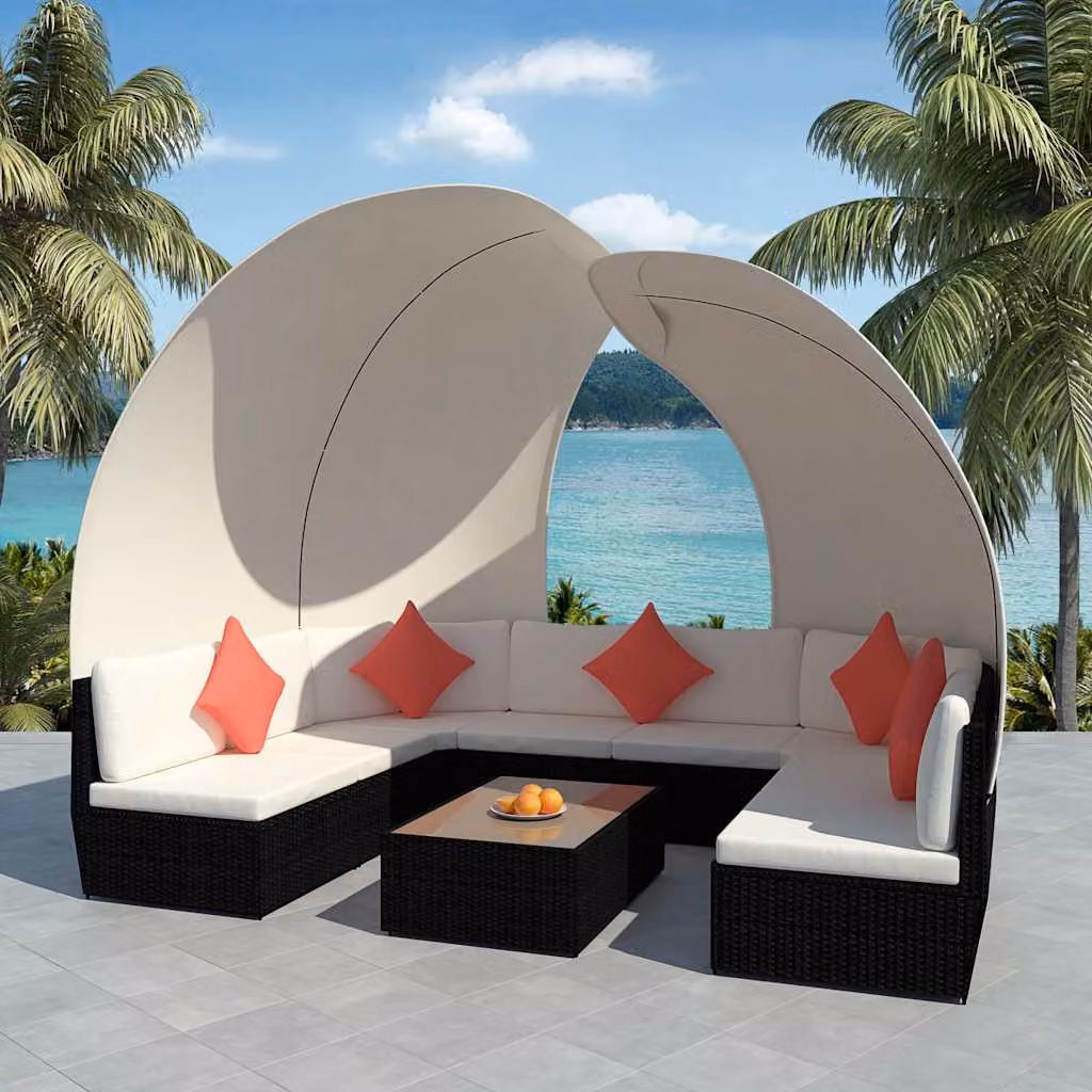 Set Divani da Giardino vidaXL 9 pz con Tettuccio, Polyrattan e Struttura in Acciaio, Colore Nero con Cuscini Inclusi