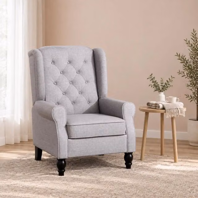 Poltrona relax ULEVR 74x86x102 cm con schienale alto e bottoni decorativi, rivestimento in poliestere grigio