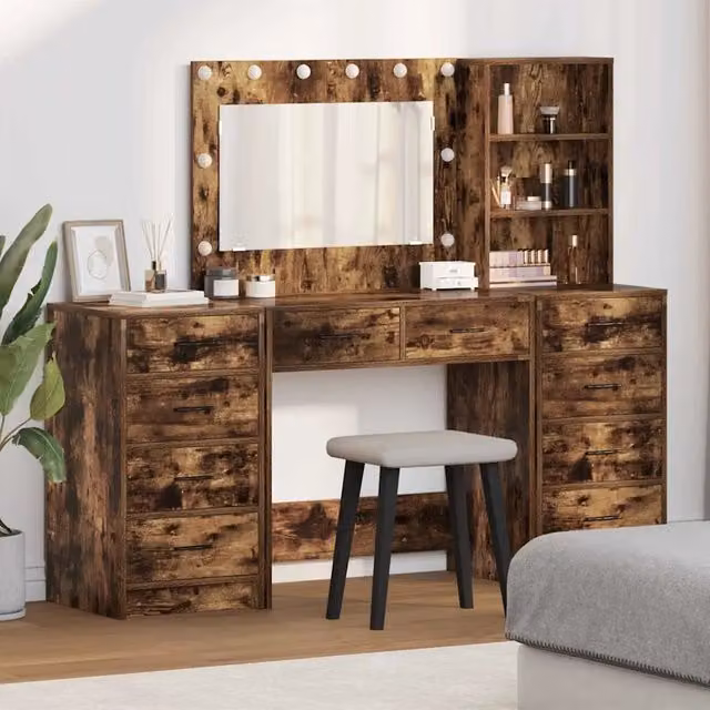 Set da trucco vidaXL in rovere fumé con illuminazione LED, L: 78,5 cm, P: 41 cm, H: 135 cm – 1