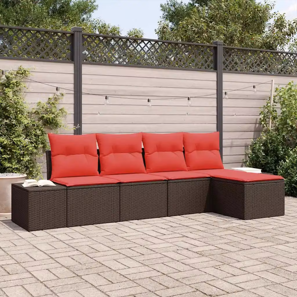 Set Divano da Giardino L-Shape vidaXL 5 Pezzi in Polyrattan Marrone e Rosso con Cuscini e Struttura in Acciaio Verniciato a Polvere