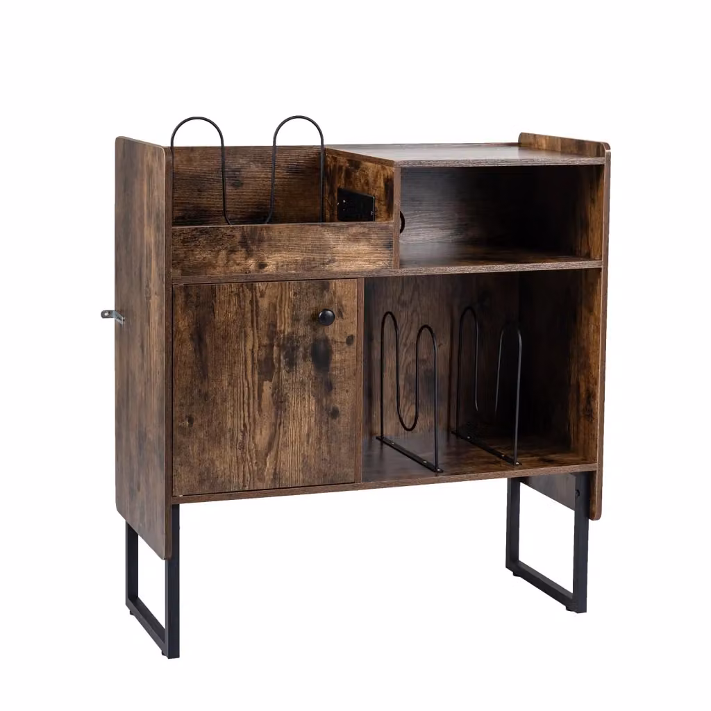 Mobile giradischi vintage con stazione di ricarica e supporto per vinili, armadietto con scomparti aperti, Marrone e Nero, L: 85,5 cm, P: 35,5 cm, H: 80 cm – 2