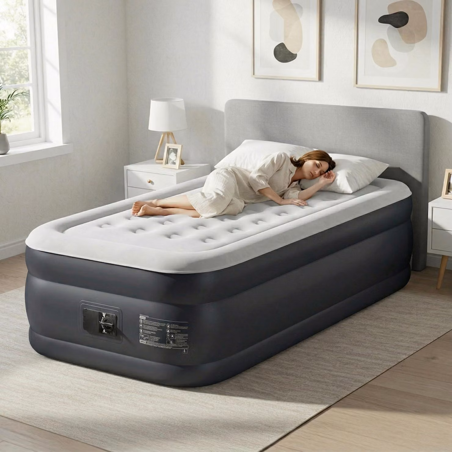 Materasso gonfiabile LEADZM con pompa integrata, 190 x 99 x 45 cm. Materasso gonfiabile con superficie morbida e traspirante, materasso gonfiabile, colore grigio
