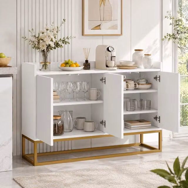 Sideboard moderno minimalista bianco 4 porte senza maniglie per soggiorno, cucina e sala da pranzo, 120x30x80 cm