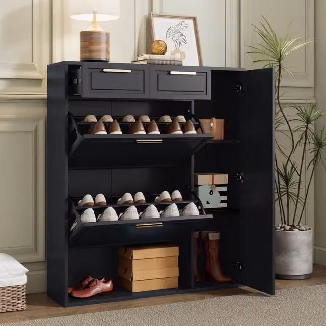 Mobile portascarpe WISHDOR nero con cassetti, ante e vani aperti, L/P/H: 95 x 24 x 107 cm