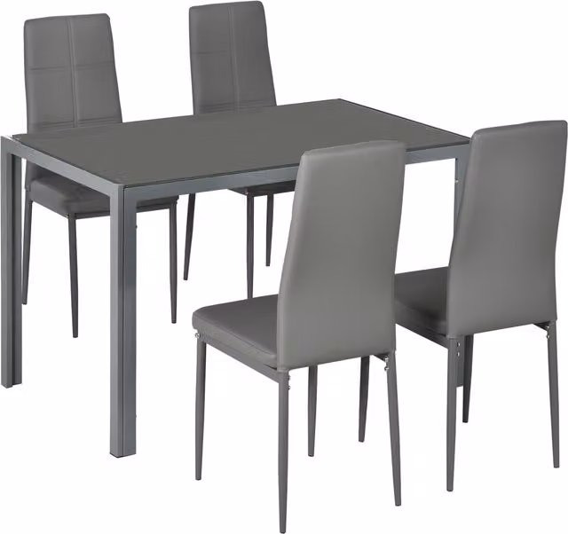 Set da pranzo HOMCOM composto da tavolo rettangolare in vetro temperato e 5 sedie in similpelle e metallo, stile moderno, colore grigio – 1