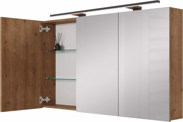 Planetmöbel ARIA mobile a specchio per il bagno 120 cm con illuminazione e presa di corrente rovere oro
