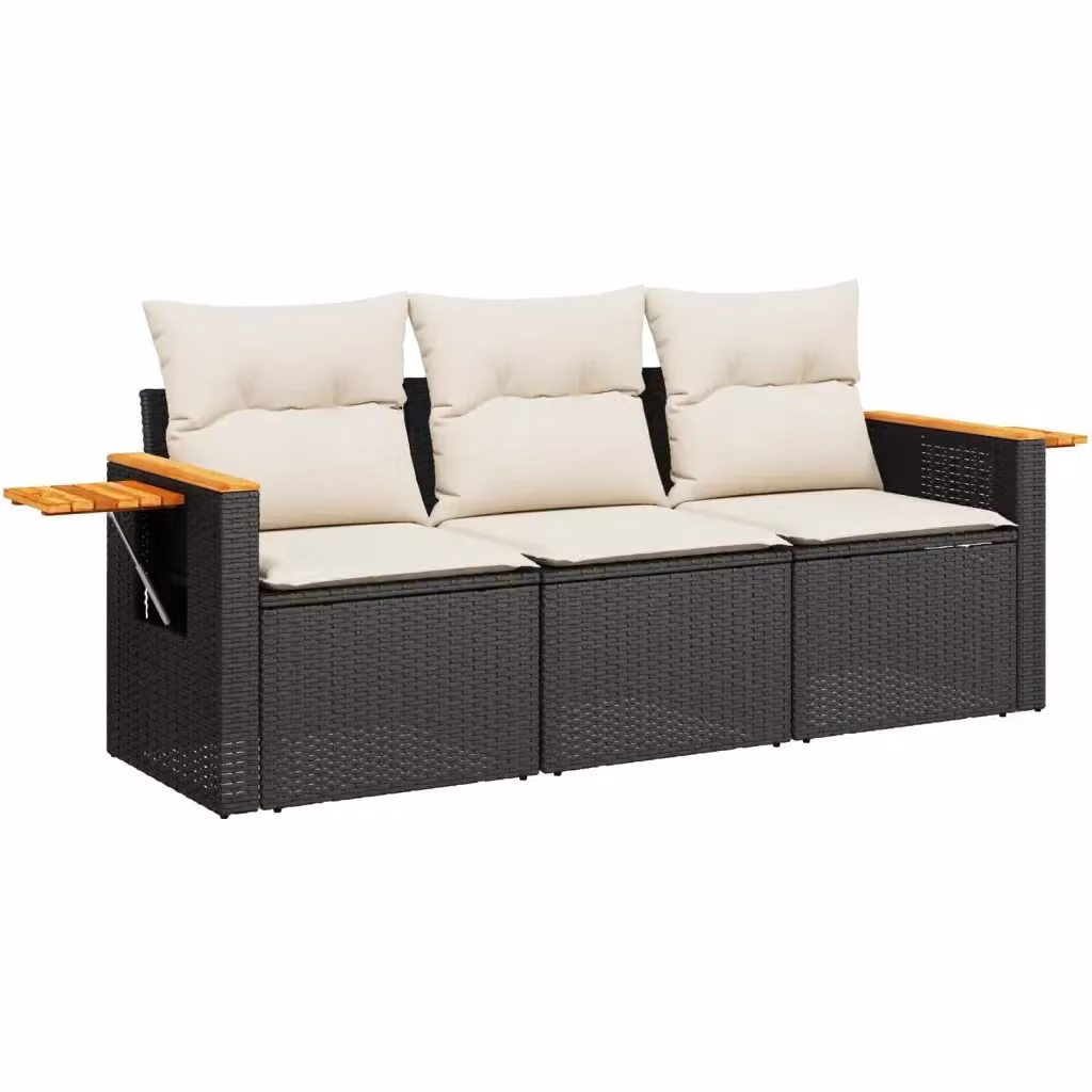 Set da giardino vidaXL composto da divano a 3 posti, elemento angolare e tavolino con cuscini in polyrattan nero e struttura in legno di acacia – 2