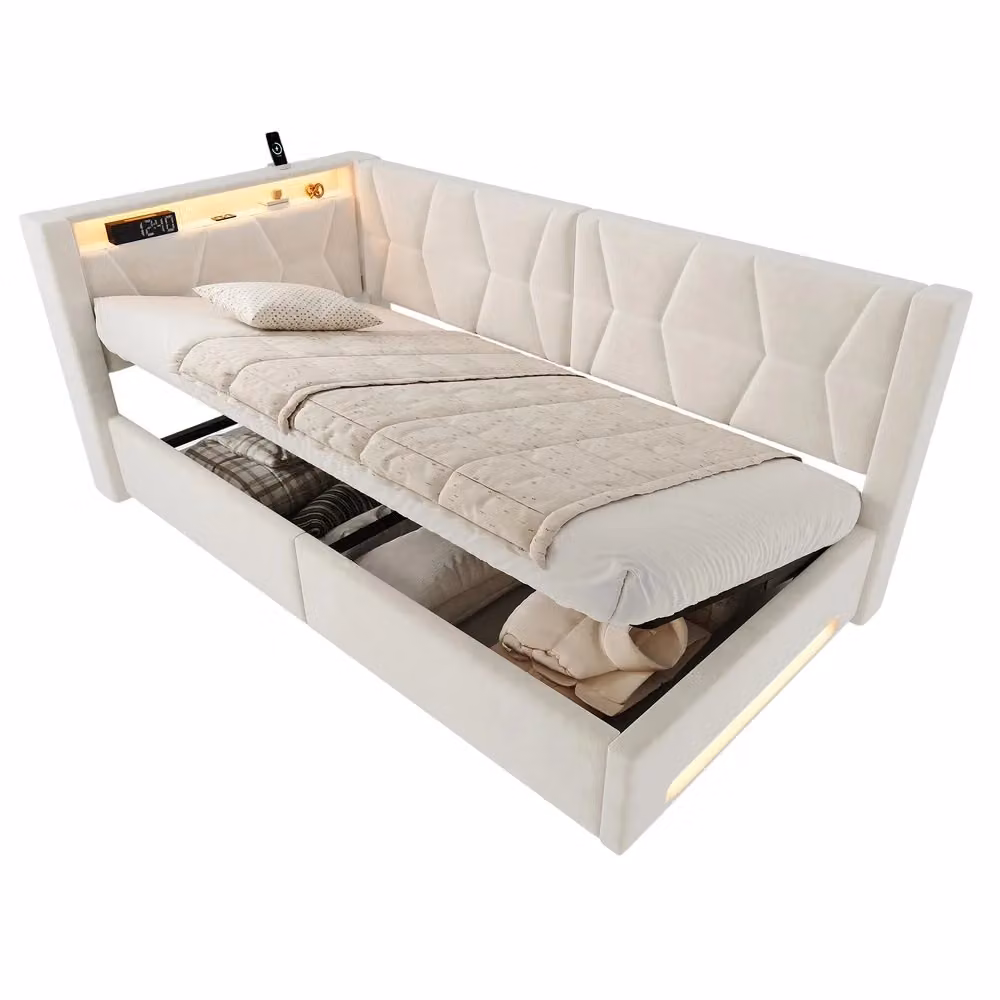 Letto singolo imbottito con contenitore Minimal in velluto beige con illuminazione LED e rete a doghe idraulica L/P: 90 x 200 cm – 2