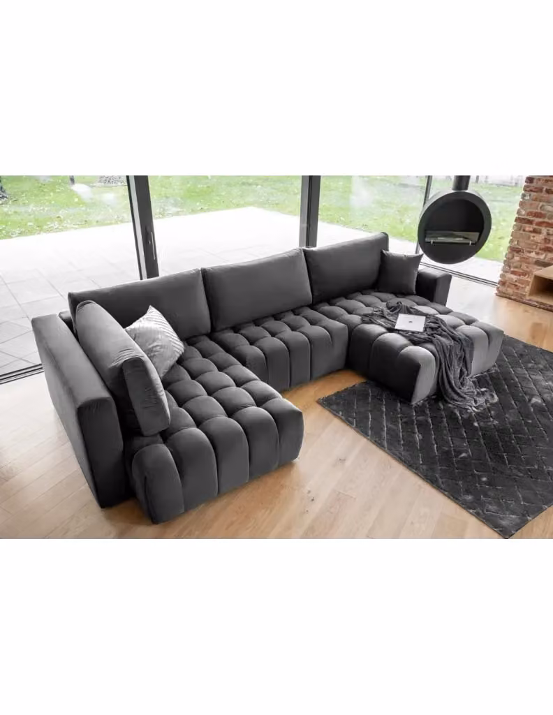 Divano ad angolo convertibile BONITA MEUBLORAMA grigio scuro in tessuto con funzione letto, 6 posti, lato destro, L 350 cm x P 175 cm – 2