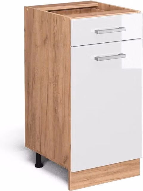 Mobiletto base per cucina Vicco R-Line moderno in bianco lucido e rovere con ante a battente e ripiani interni L: 40 cm