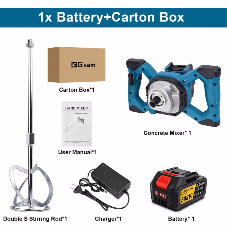 Miscelatore per calcestruzzo e malta a batteria - Agitatore senza spazzole per cemento, intonaco e vernici - 6 velocità - Alimentazione a batteria 18V - 1 batteria inclusa