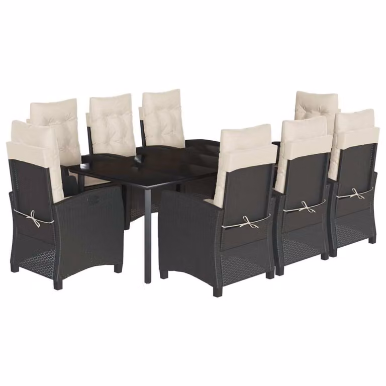 Set da Pranzo da Giardino 9 pz con Cuscini Nero in Polyrattan