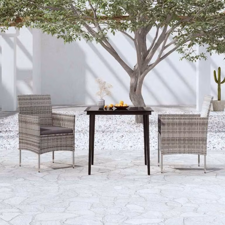 Set da pranzo da giardino vidaXL in rattan e vetro con cuscini, 3 pezzi, grigio e nero