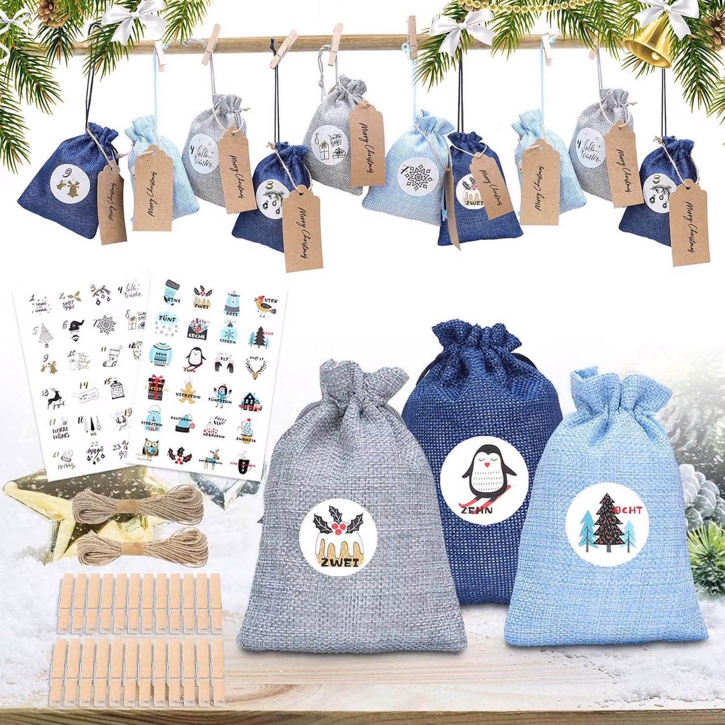 Calendario dell'Avvento da riempire con sacchetti di iuta Sacchi regalo di Natale (24