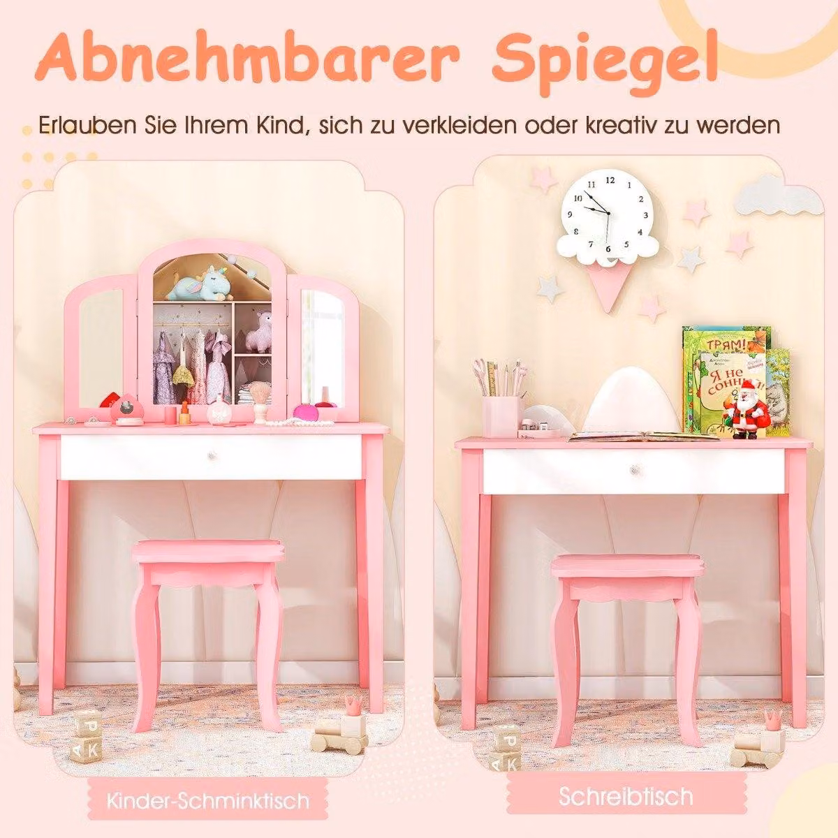 Set toletta e sedia per bambini Set toletta con specchio pieghevole e cassetto rosa + bianco