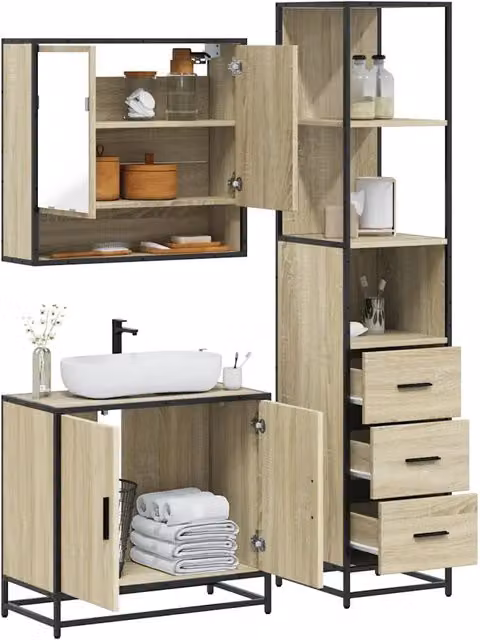 Set Mobili da Bagno 3 Pezzi vidaXL in Stile Industrial, Colore Marrone, con Armadietto Specchio, Mobile Lavabo e Colonna, in Legno e Metallo