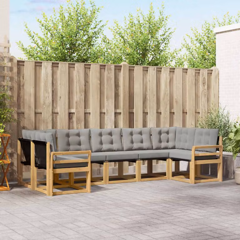 Set di divani da esterno vidaXL 7 pz a forma di L in legno di acacia con cuscini bianchi e grigi