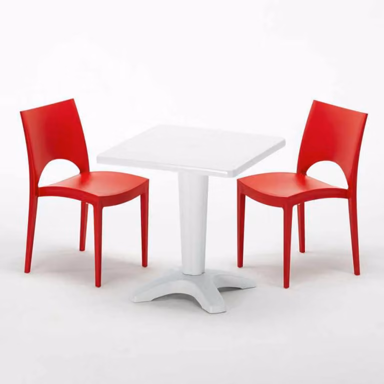 Tavolo quadrato bianco e 2 sedie in polipropilene colorato Set di bastoni per interni Grand Soleil Paris Patio - Rosso