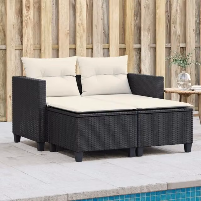 Divano da Giardino 2 Posti con Sgabelli-Sofa da Giardino-Divano da esterno Nero in Polyrattan 289891