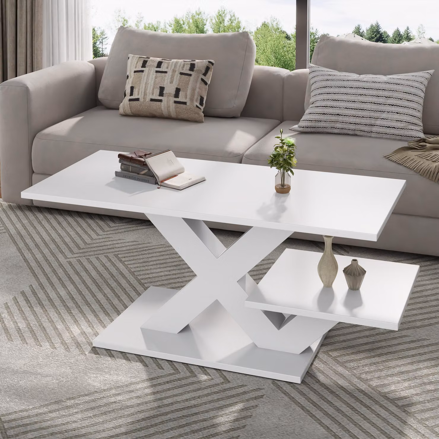 Tavolino da salotto Merax in MDF, con finitura lucida, design con struttura a X, dotato di doppio piano e piedini in feltro resistenti all'abrasione, colore bianco