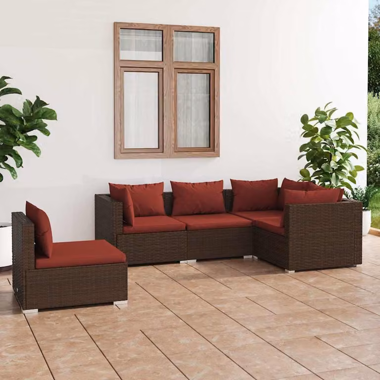 Set di divani da giardino vidaXL a forma di L composto da 5 pezzi con cuscini in polyrattan marrone e struttura in metallo