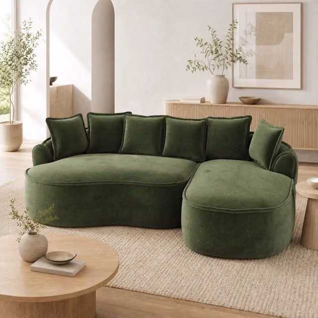 Divano modulare con chaise longue verde in ciniglia; seduta profonda 122 cm