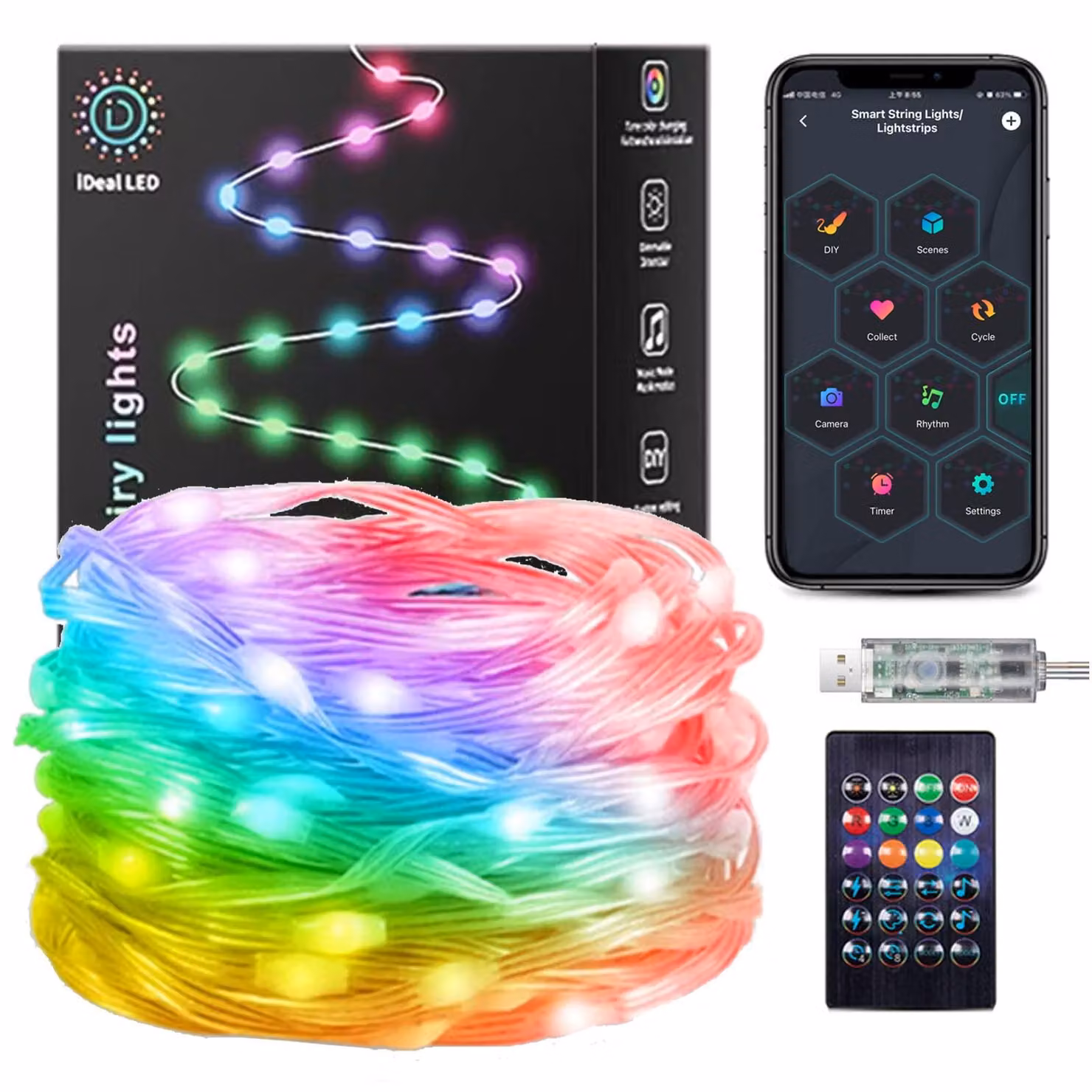 Catena luminosa a LED, 10 metri, 100 LED, cambio colore, controllo tramite app e telecomando, alimentazione USB