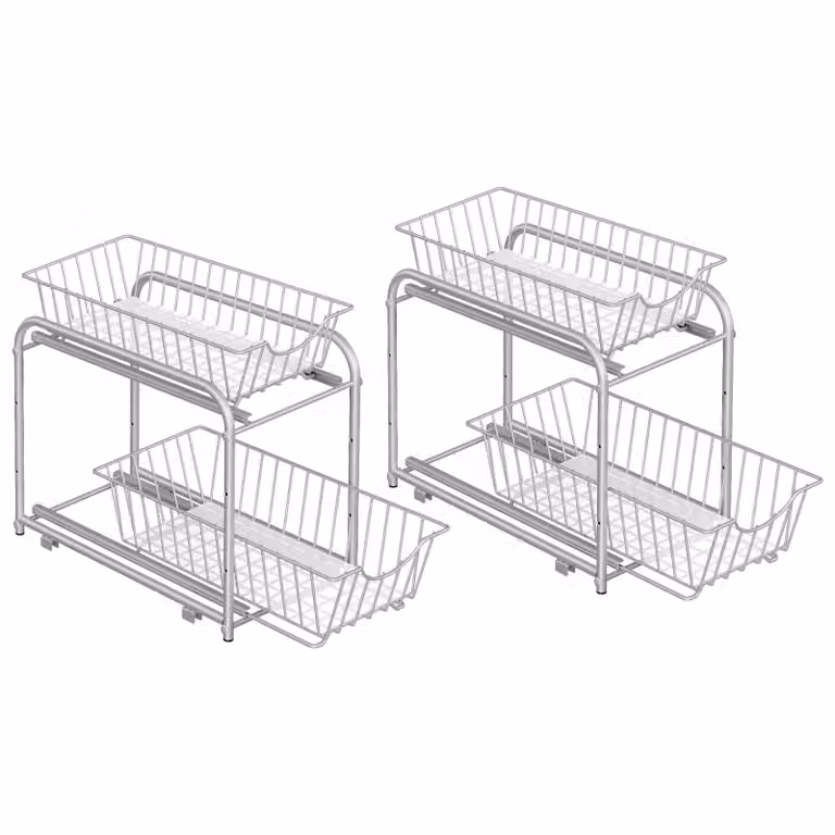 SONGMICS Set di 2 organizer da cucina, scaffale da cucina, sistema di organizzazione, 2 livelli ciascuno, impilabile, espandibile, con cestini in metallo, per cucina, bagno