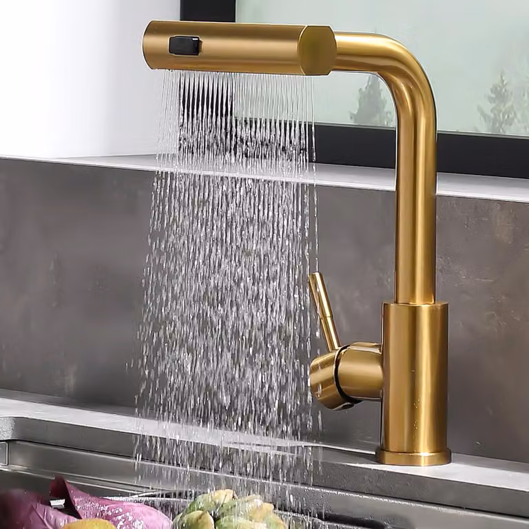 Rubinetto da cucina estraibile, finitura oro, soffione doccia a 3 getti, tubo flessibile da 38 cm