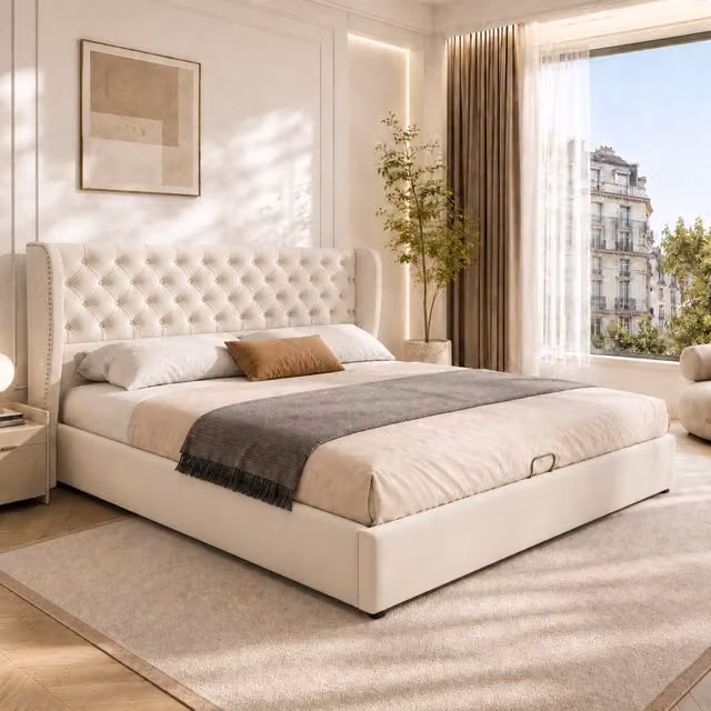 Letto imbottito 180x200 cm; con contenitore idraulico; velluto beige (Senza materasso)