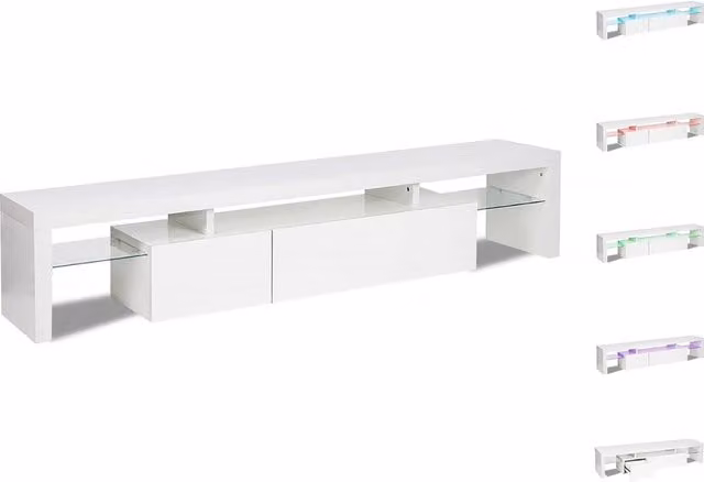 Mobile TV Tina Habitat laccato bianco con illuminazione LED integrata e dettagli in vetro L: 187,5 cm, P: 34 cm, H: 38 cm – 1