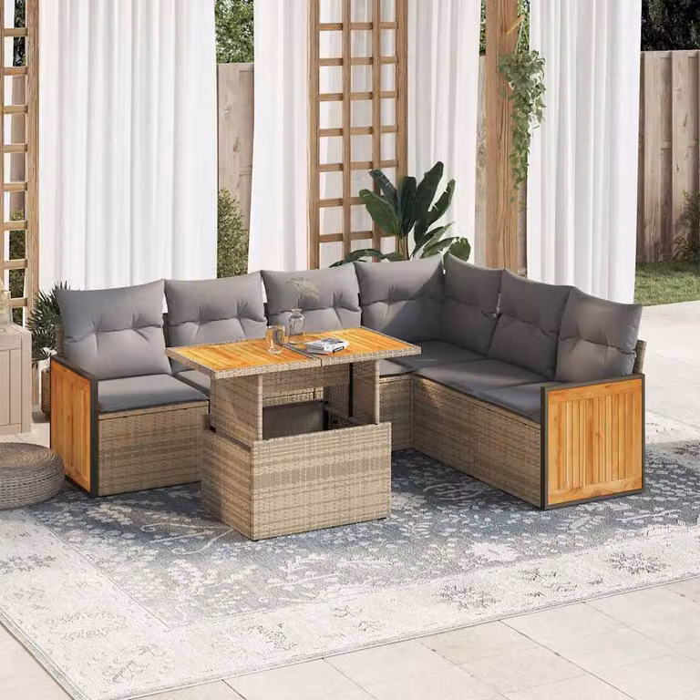 Set da giardino vidaXL a 7 pezzi in polyrattan e legno di acacia con cuscini beige e pouf coordinato