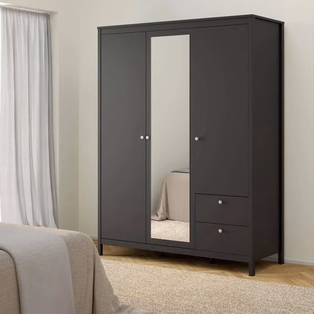 Armadio Rufina DMORA per camera da letto con 3 ante e cassetti, Nero opaco, L: 150 cm, P: 58,4 cm, H: 199 cm