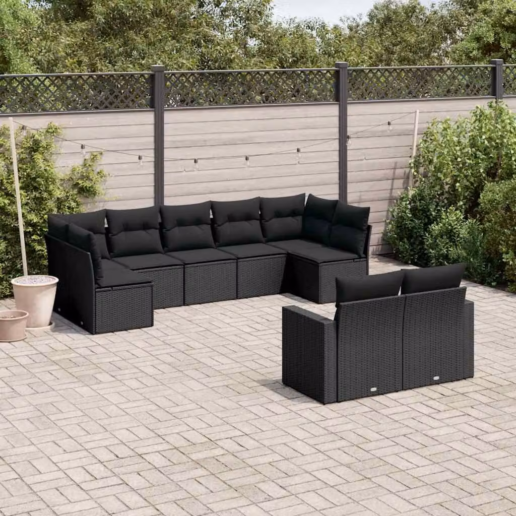 Set di divani da giardino vidaXL 9 pz in rattan nero con cuscini imbottiti e coperture rimovibili – 1